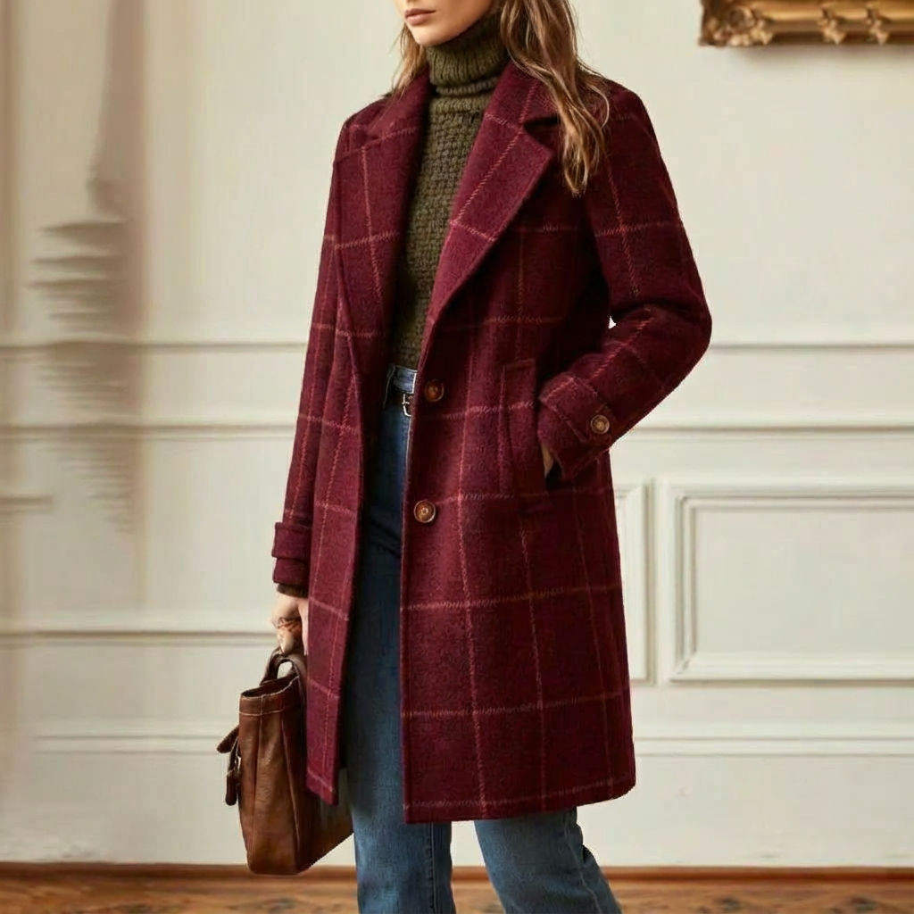 Women's Wool Blend Check Coat – Office & Casual – Burgundy