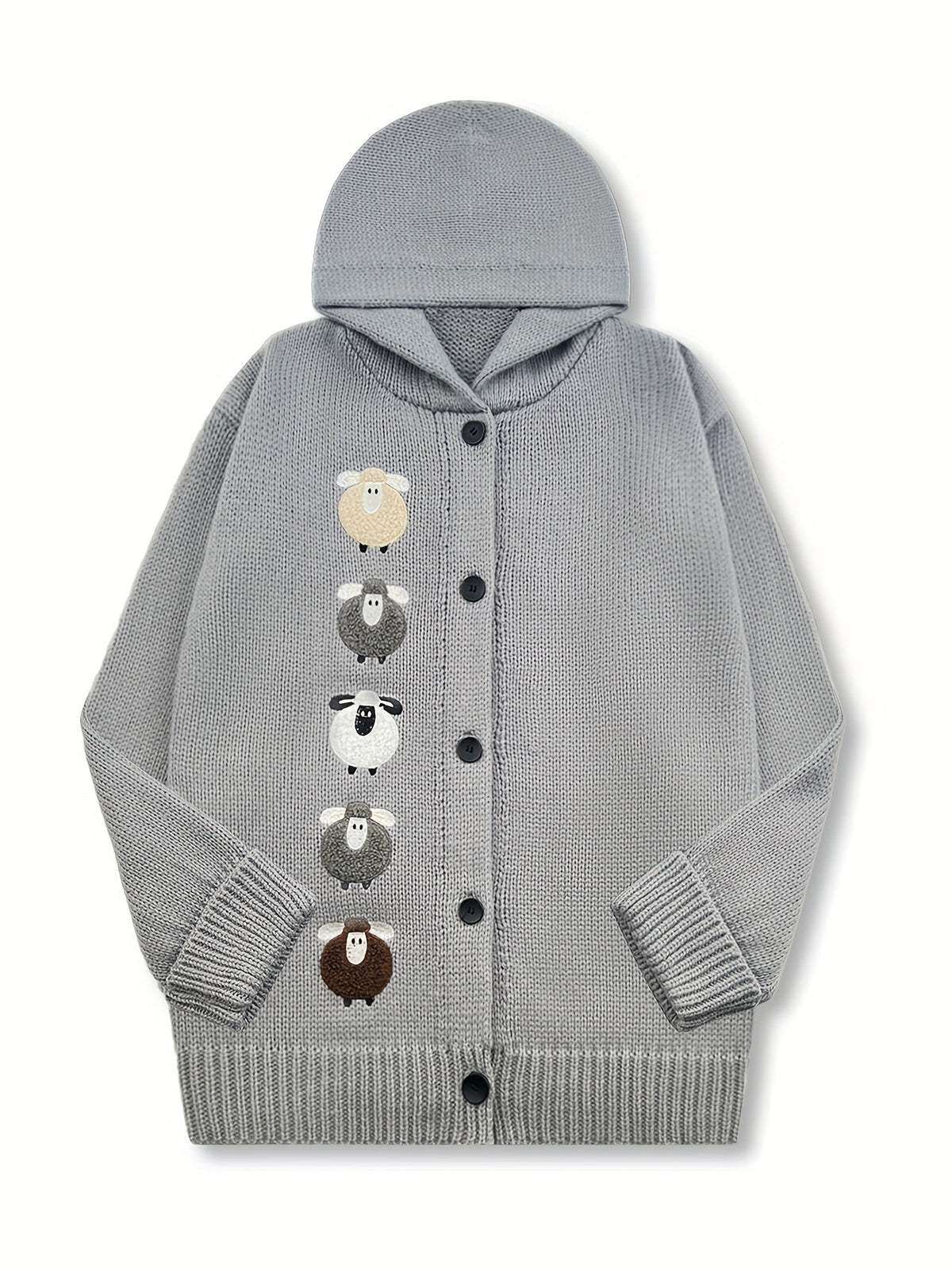 Women's Chunky Hooded Cardigan with Sheep Design – Granny Gray