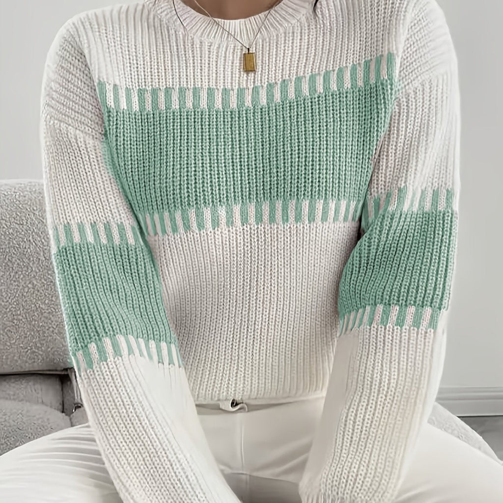 Women's Colour Block Striped Jumper – Drop Shoulder – White and Green