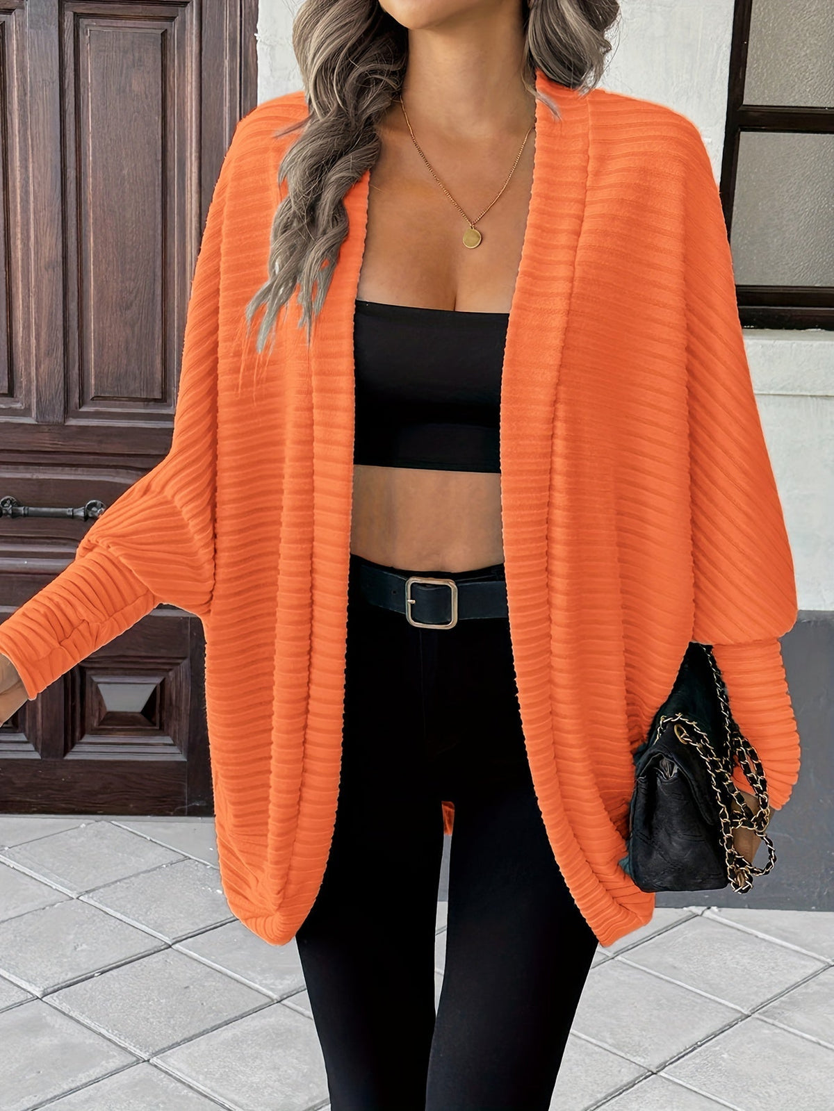 Women's Relaxed Open-Front Ribbed Cardigan – Orange-Red
