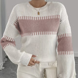 Women's Colour Block Striped Jumper – Drop Shoulder – White and Pink