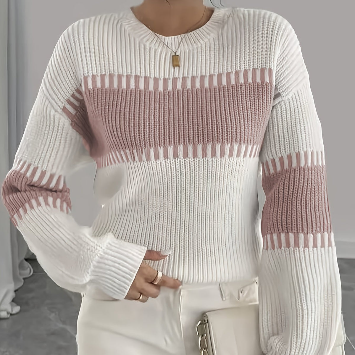 Women's Colour Block Striped Jumper – Drop Shoulder – White and Pink