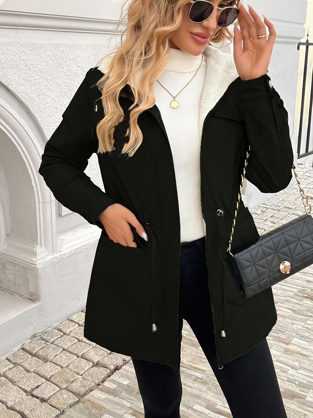 Women's Black Hooded Drawstring Jacket