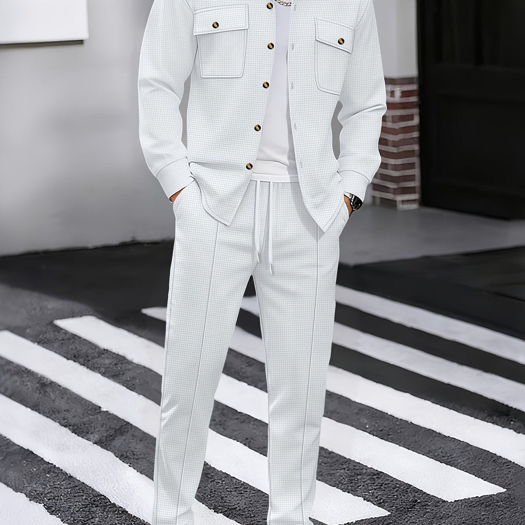 Men's Two-Piece Button-Front Set with Drawstring Trousers – White