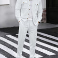 Men's Two-Piece Button-Front Set with Drawstring Trousers – White