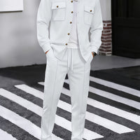 Men's Two-Piece Button-Front Set with Drawstring Trousers – White