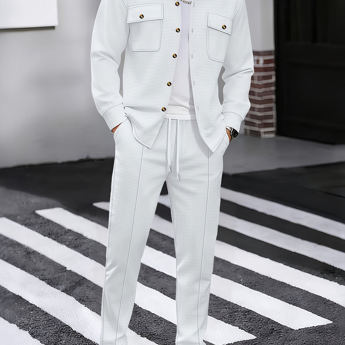 Men's Two-Piece Button-Front Set with Drawstring Trousers – White