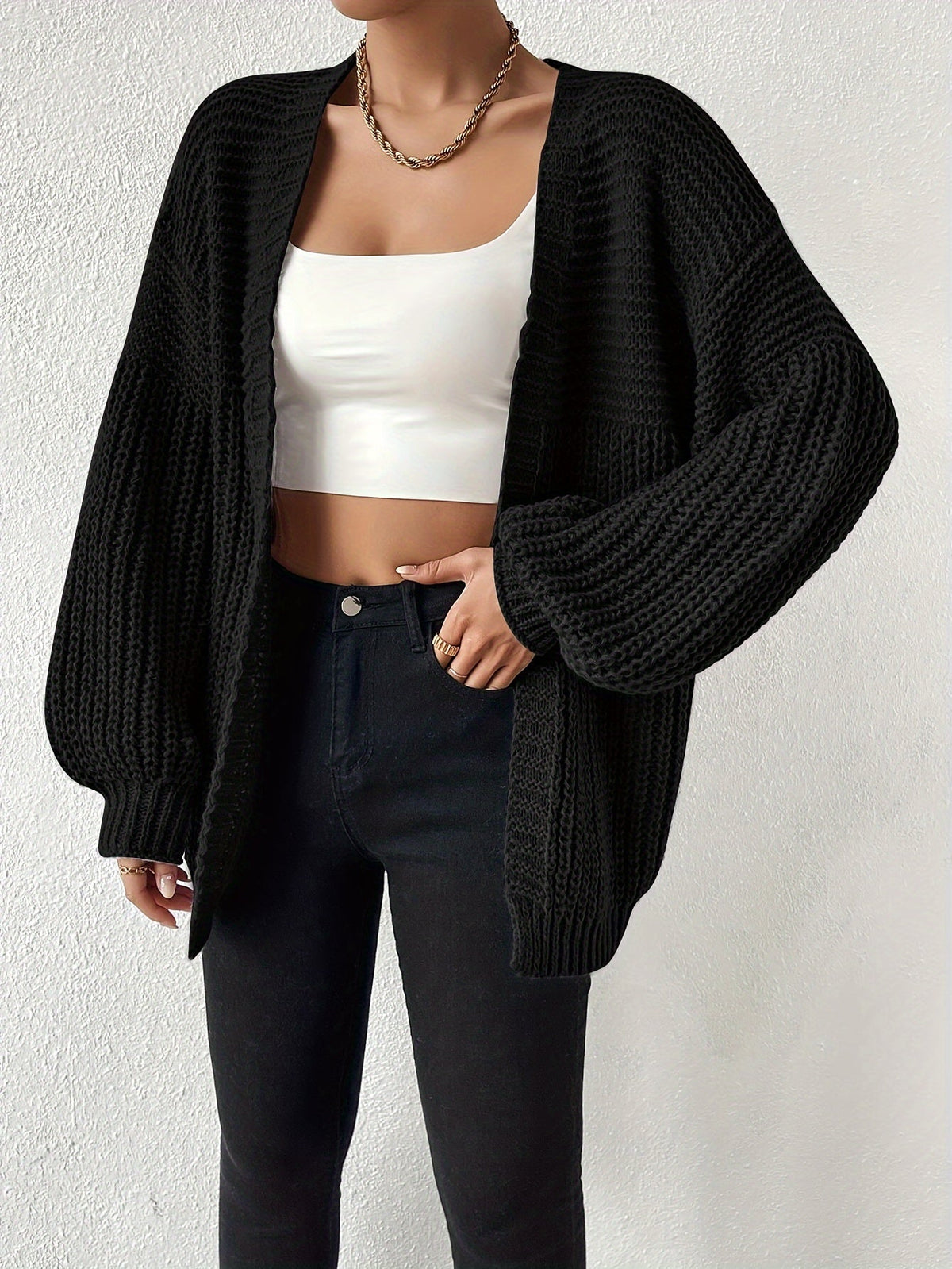 Women's Black Chunky Knit Open-Front Cardigan