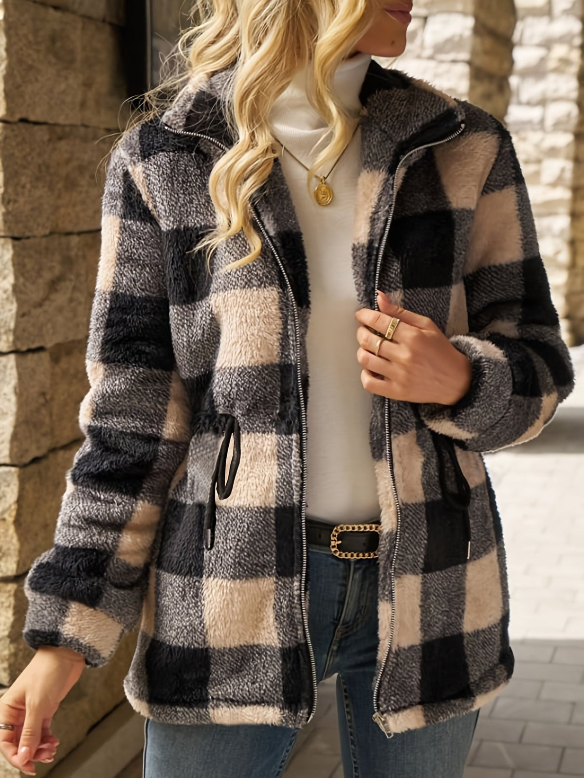 Women's Check Hooded Plush Jacket – Black & Beige
