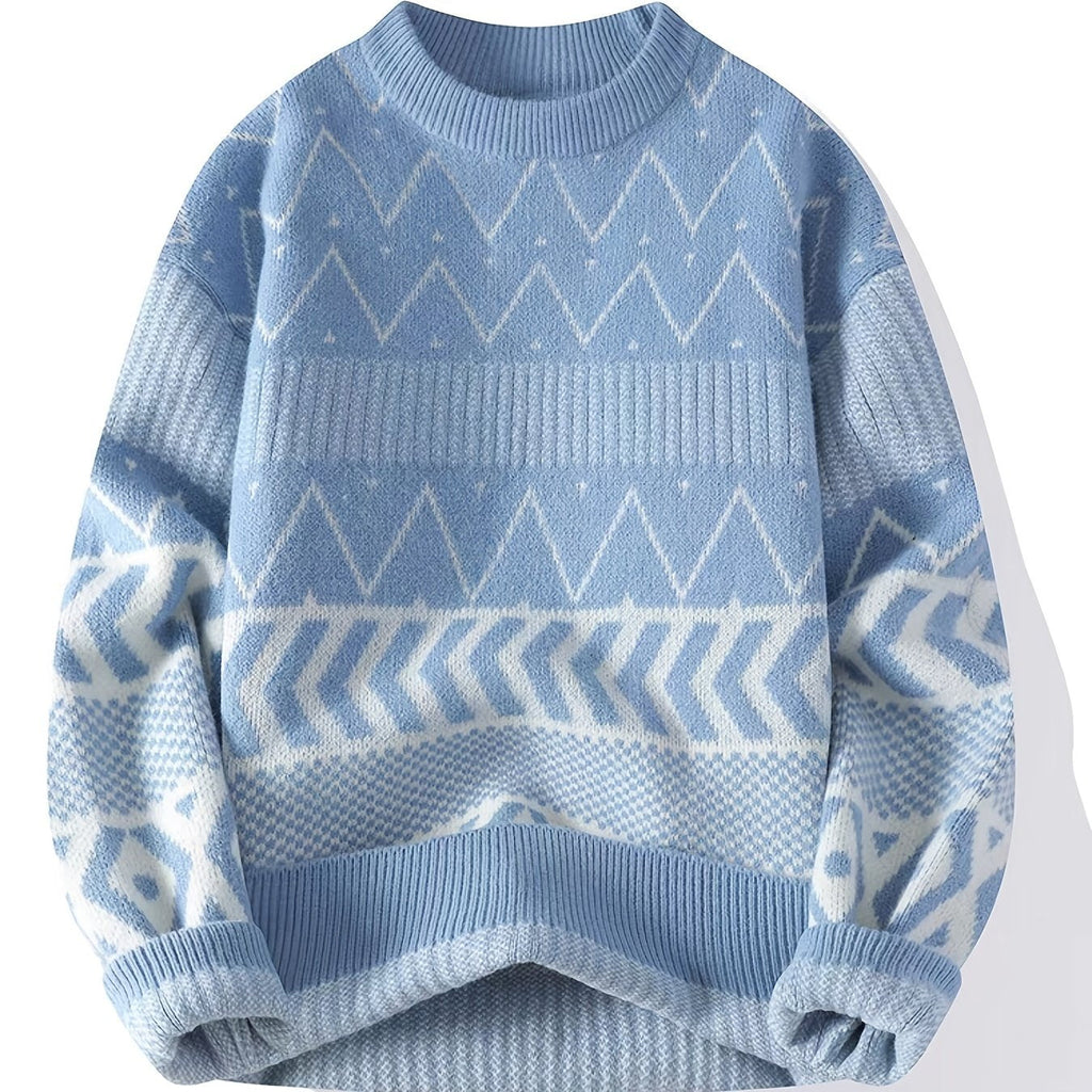 Men's Sky Blue Patterned Crew Neck Jumper