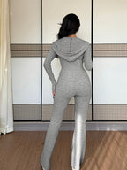 Women's Ribbed Zip-Up Lounge Set with Flared Trousers