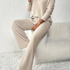 Women's Apricot Ribbed Lounge Set with Wide-Leg Trousers