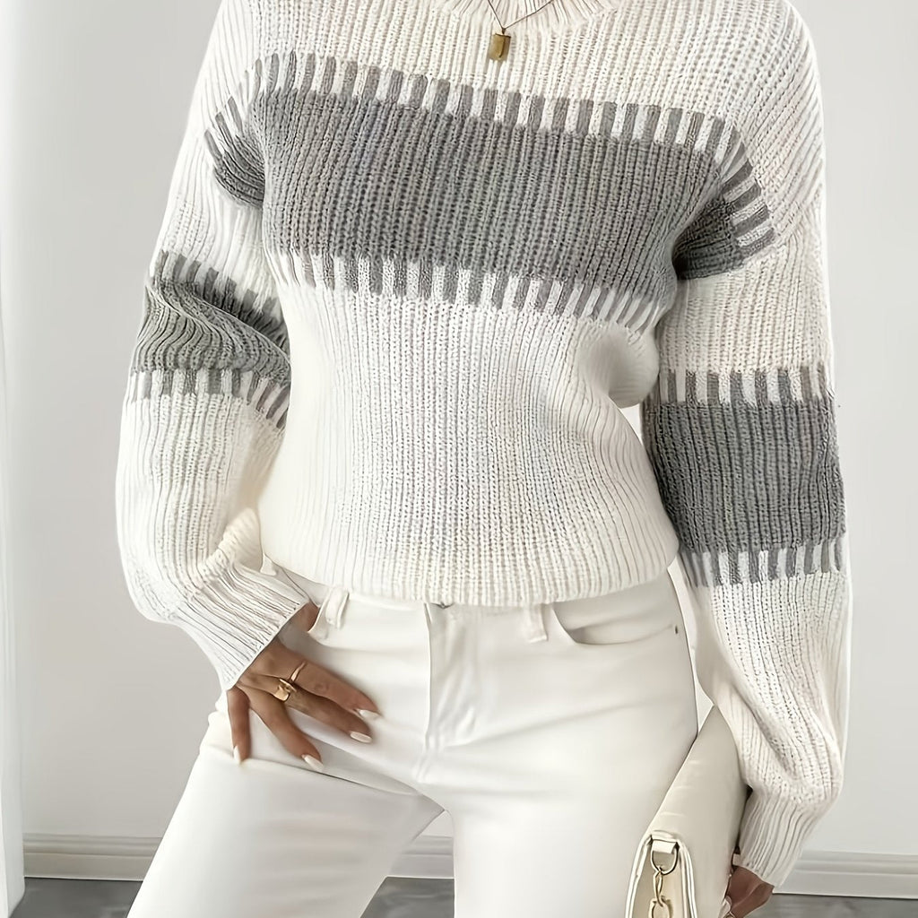 Women's Colour Block Striped Jumper – Drop Shoulder – White and Grey