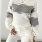 Women's Colour Block Striped Jumper – Drop Shoulder – White and Grey