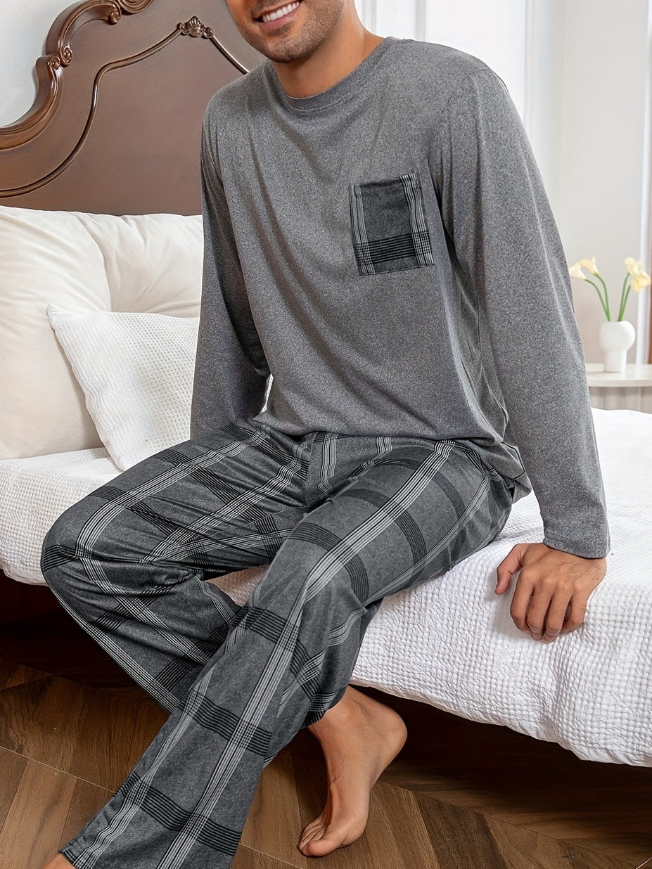 Men's Grey Plaid Lounge Set – Top & Trousers