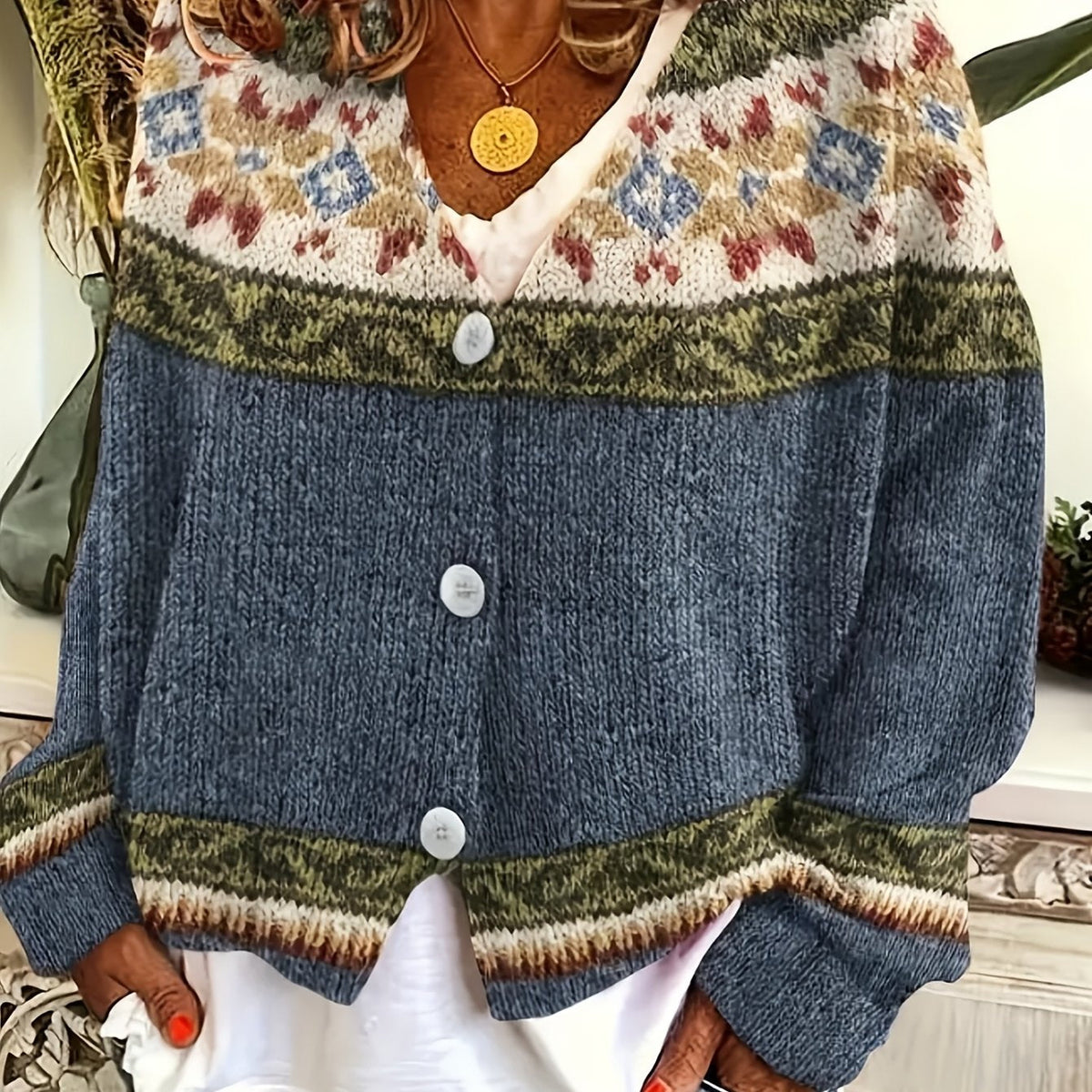 Women's Geometric Pattern Button-Front Cardigan – Navy & Cream