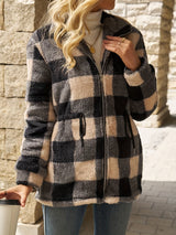Women's Check Hooded Plush Jacket – Black & Beige