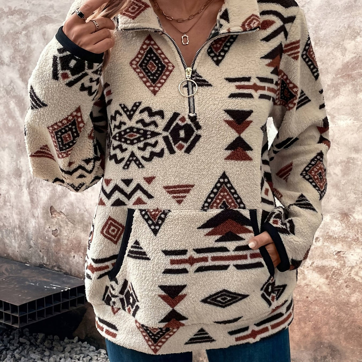 Women's Aztec Print Quarter-Zip Plush Pullover
