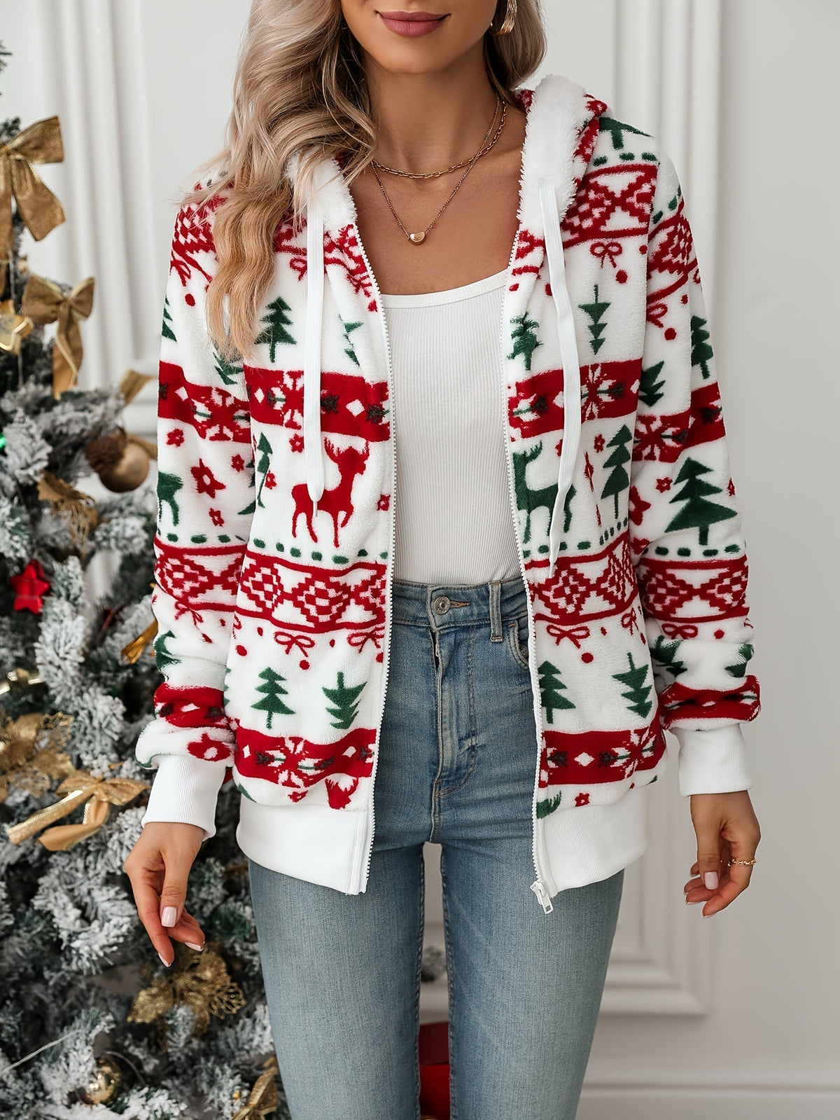 Women's Hooded Zip Christmas Cardigan – Red & Green