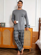 Men's Grey Plaid Lounge Set – Top & Trousers