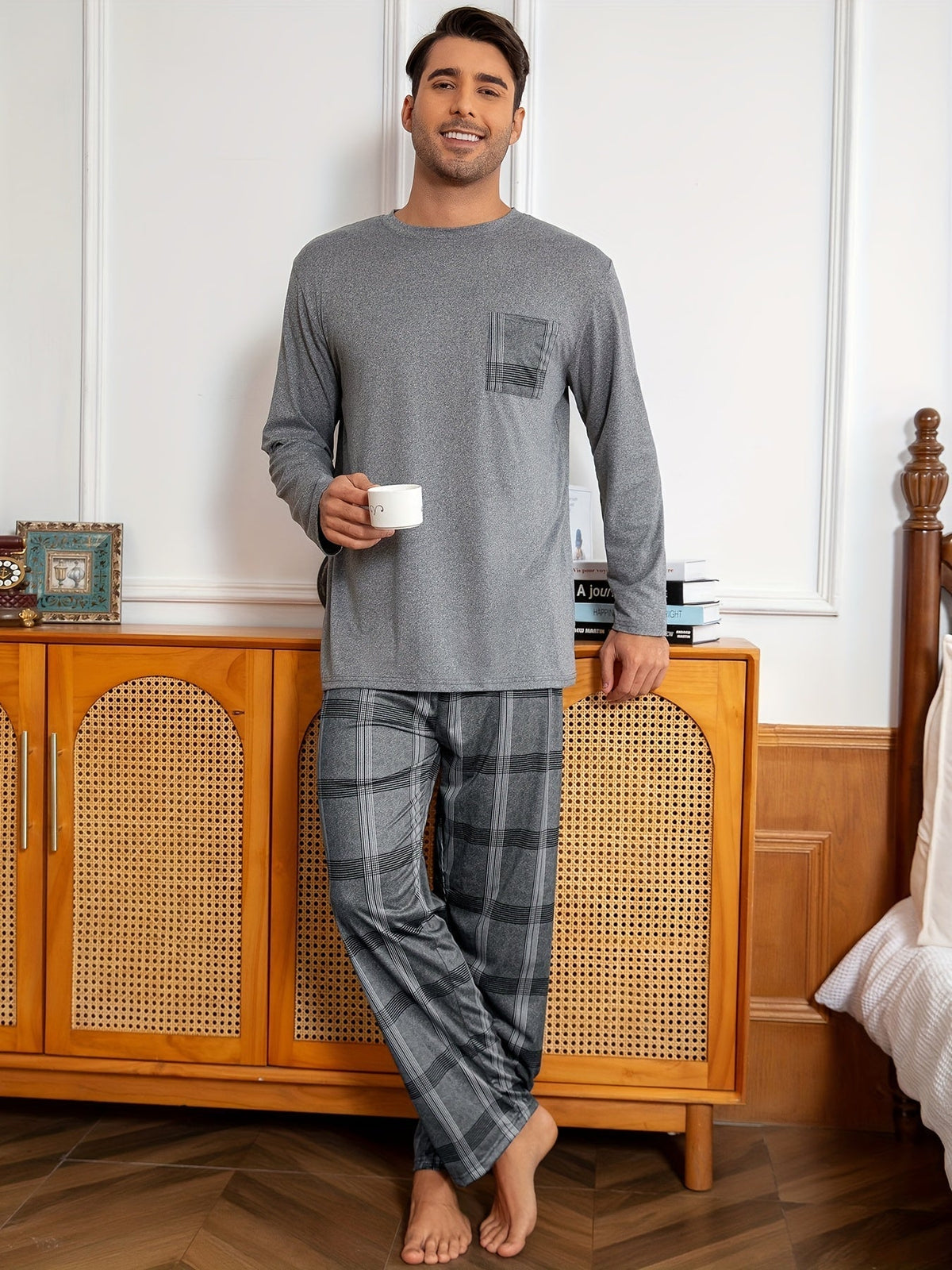 Men's Grey Plaid Lounge Set – Top & Trousers