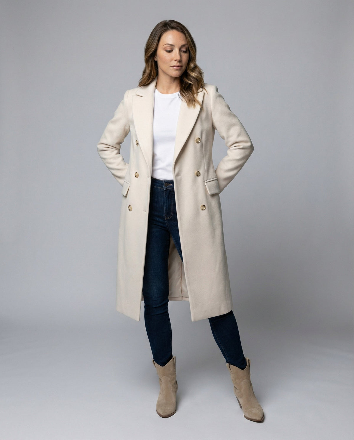 Women's Double-Breasted Winter Coat – Office & Casual – Beige