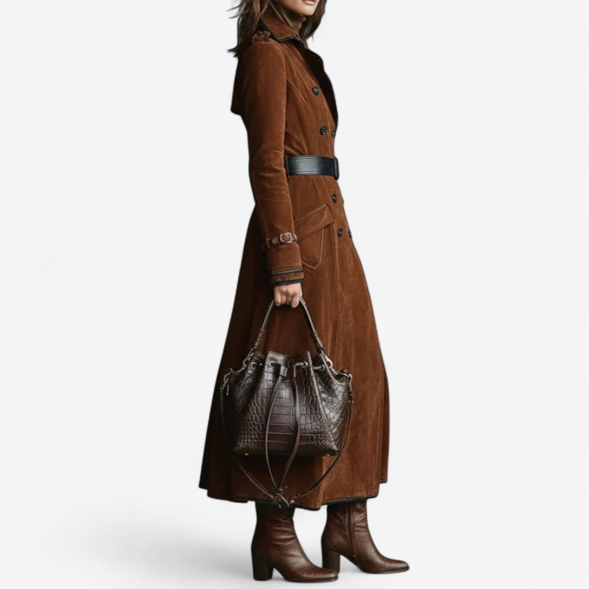 Women's Double-Breasted Suede-Look Trench Coat