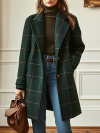 Women's Wool Blend Check Coat – Office & Casual – Forest Green