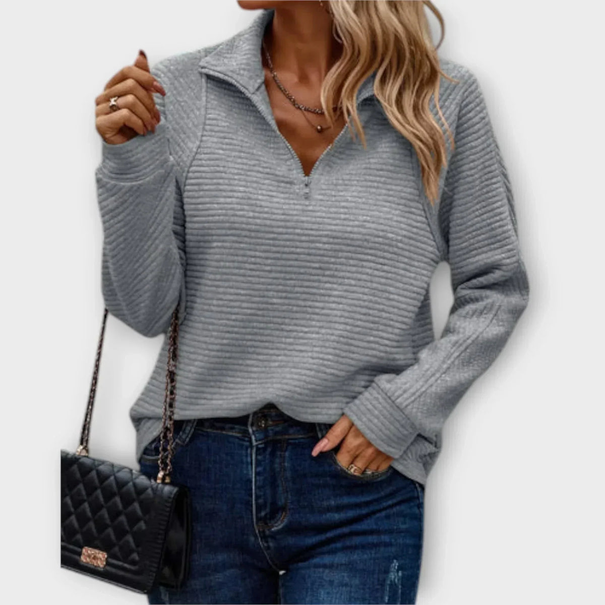 Women's V-Neck Half-Zip Jumper – Grey