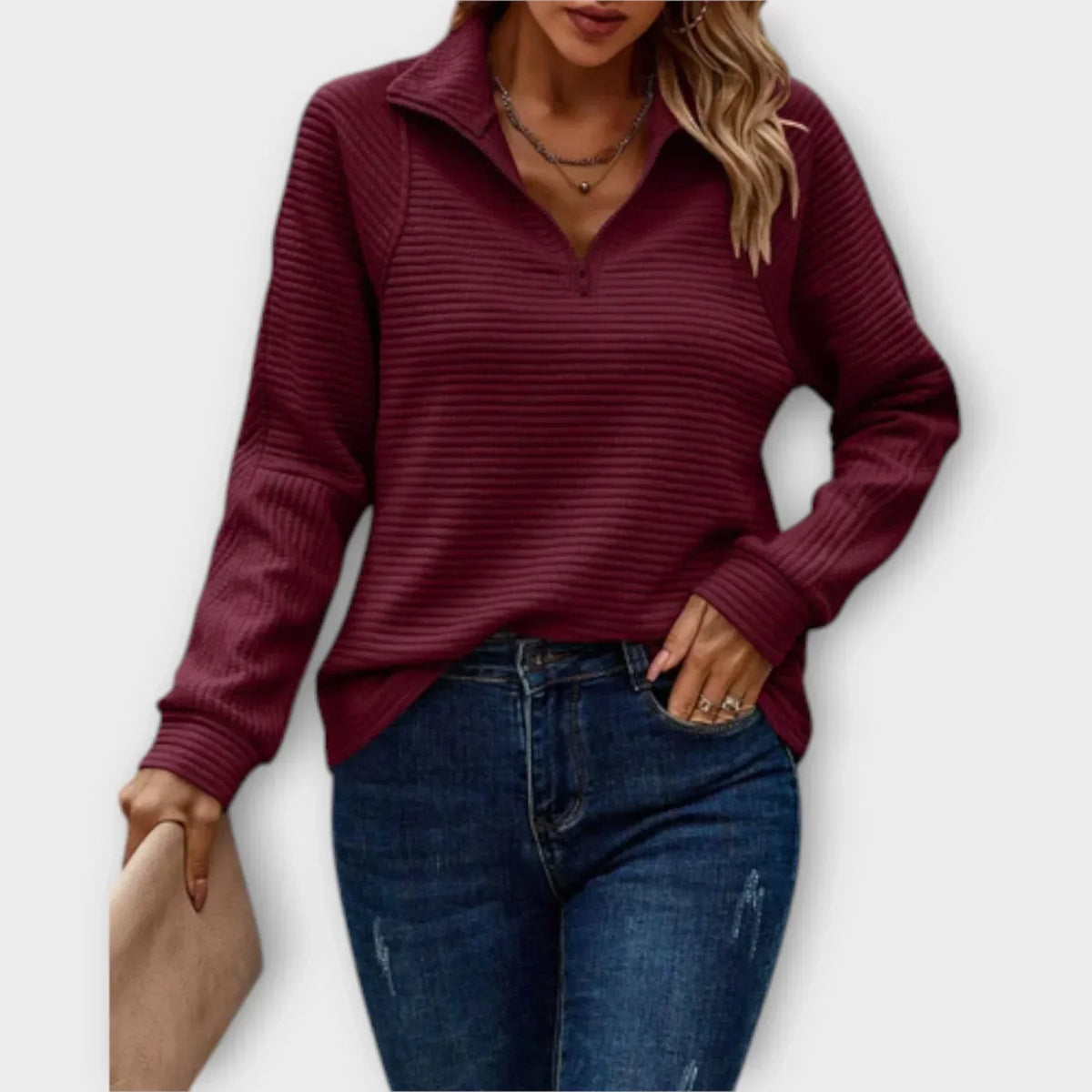 Women's V-Neck Half-Zip Jumper – Red