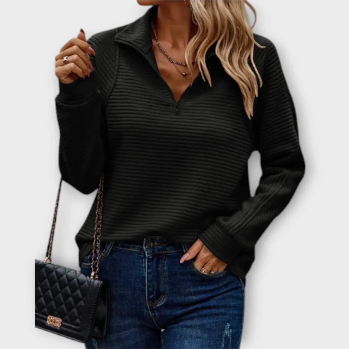 Women's V-Neck Half-Zip Jumper – Black