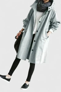Hooded Trench Coat Women's Grey Loose Longline Button-Up – Casual, Office, Holiday, Gift