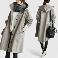 Hooded Trench Coat Women's Grey Loose Longline Button-Up – Casual, Office, Holiday, Gift