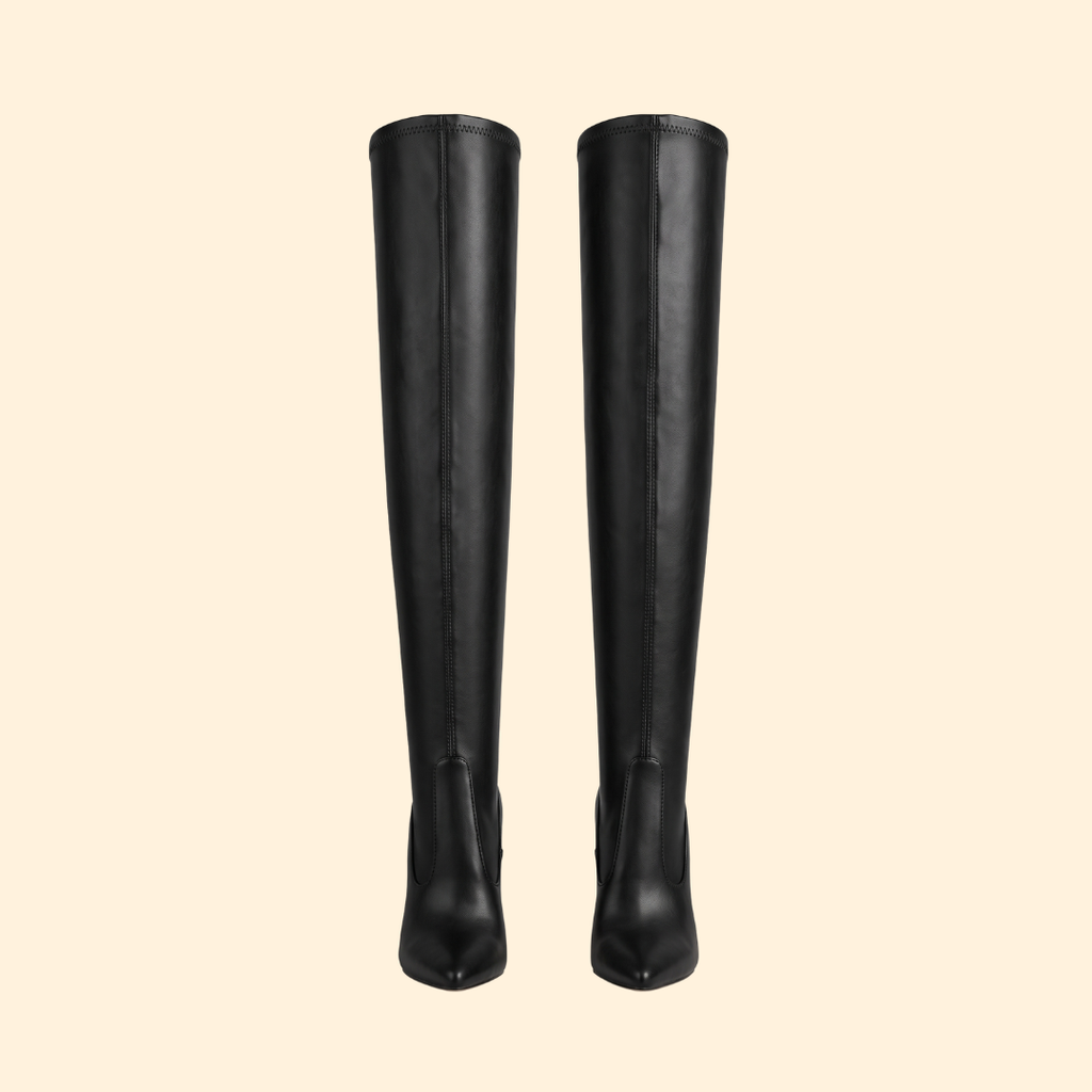 Women's Black Faux Leather Knee-High Heeled Boots