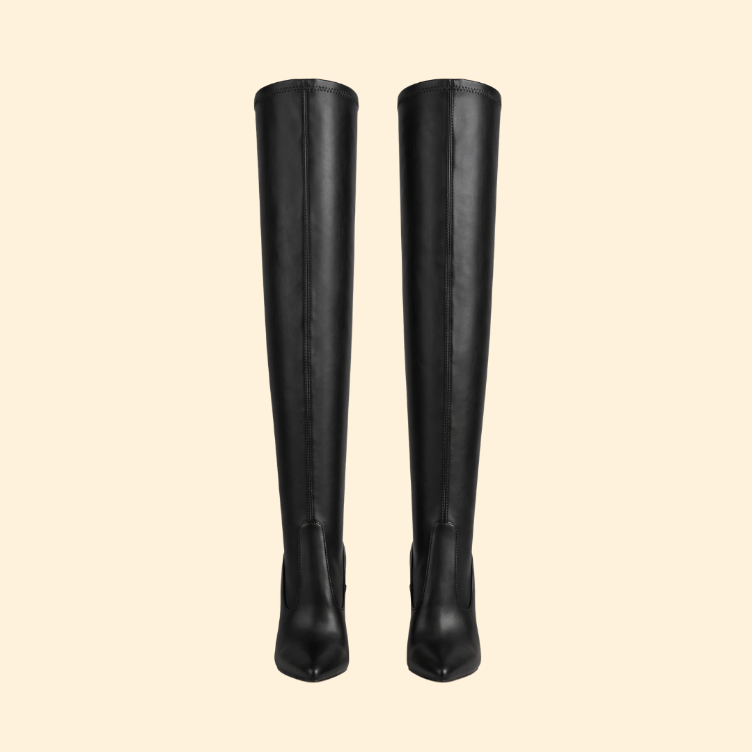 Women's Black Faux Leather Knee-High Heeled Boots