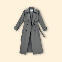 Trench Coat Women's Grey Double-Breasted Belted Long Jacket – Office, Casual, Everyday, Holiday